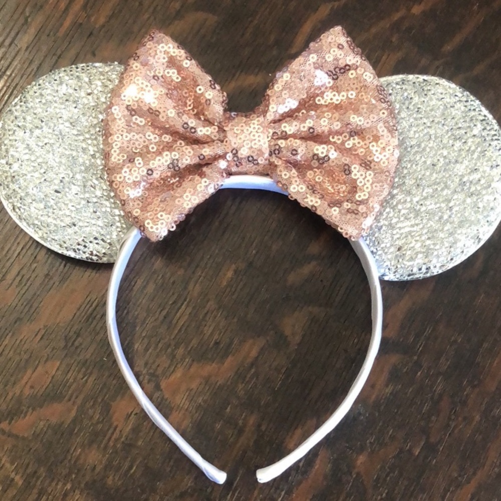 Silver sparkly Mickey ears with rose gold bow!